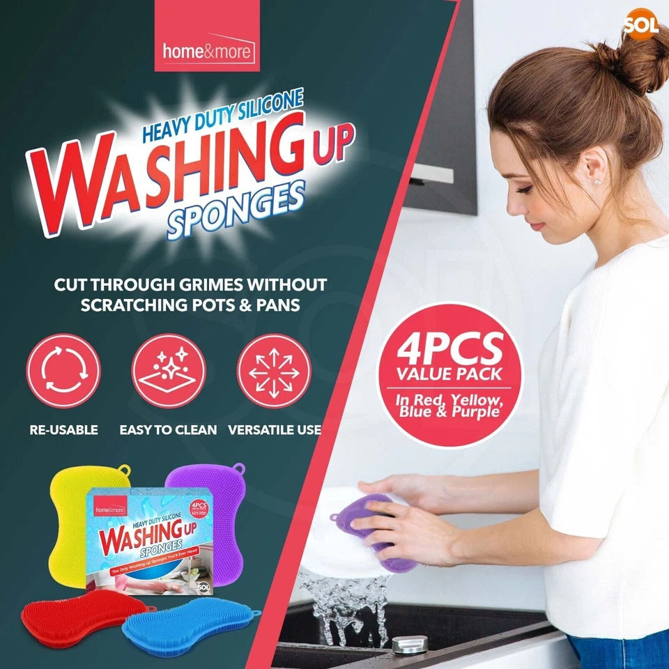 4-8PK Silicone Dish Washing Up Sponge | Kitchen Scrubber Pot Pan Cleaning Brush