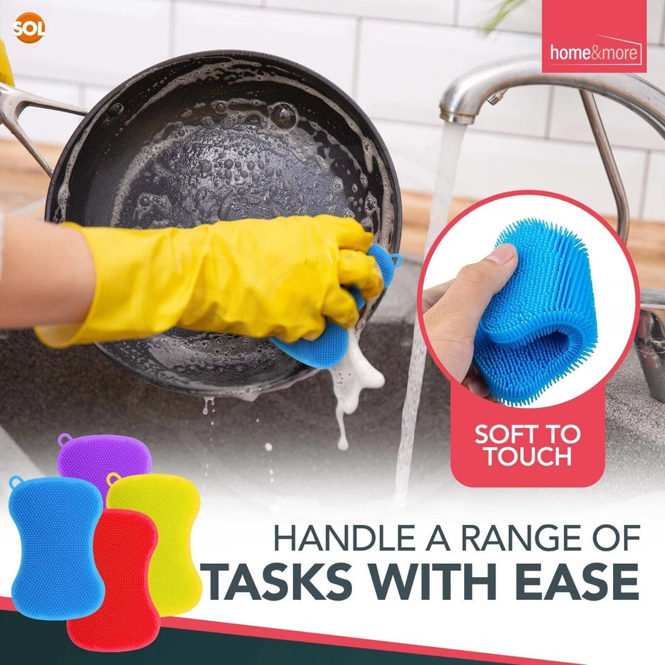 4-8PK Silicone Dish Washing Up Sponge | Kitchen Scrubber Pot Pan Cleaning Brush